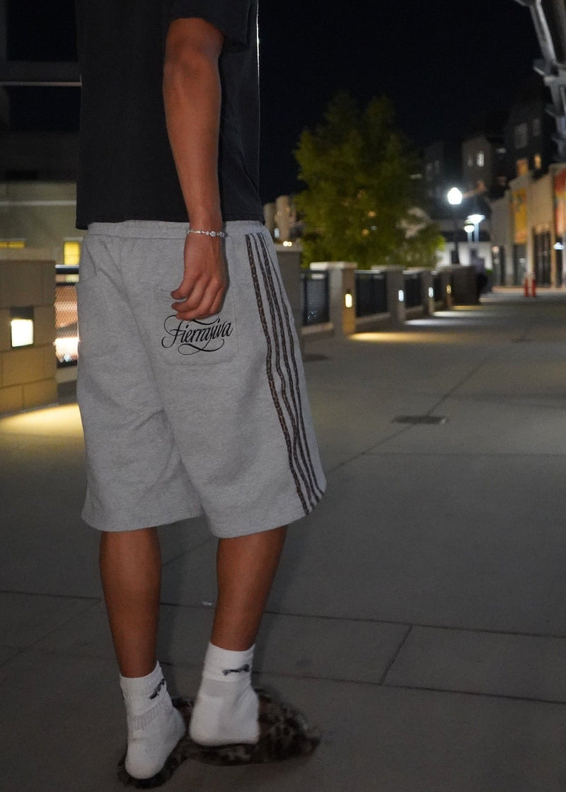 grey leopard sweatshorts