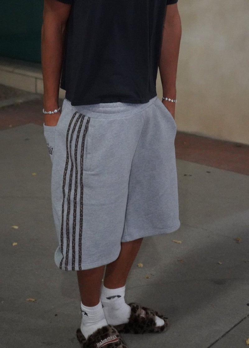 grey leopard sweatshorts