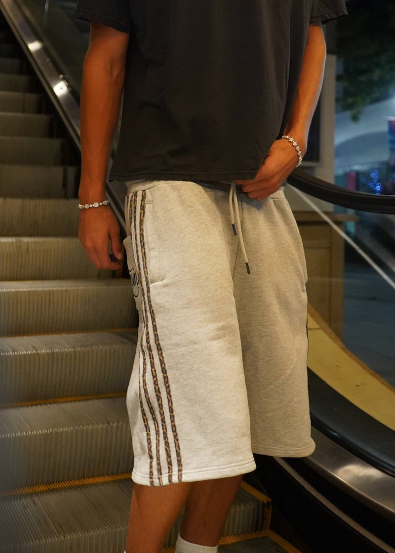grey leopard sweatshorts